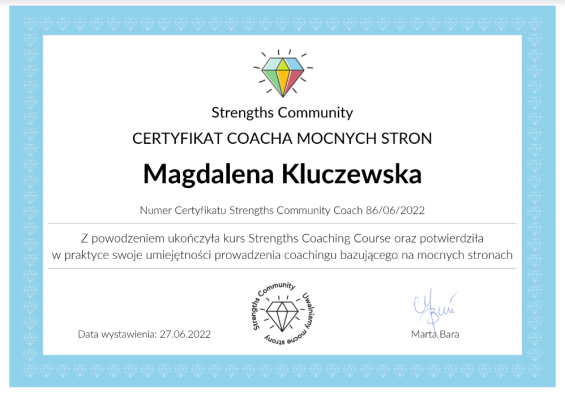 certyfikat coaching mocnych stron certyfikat coacha mocnych stron